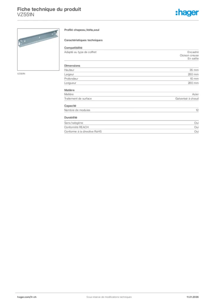 Image Hager Fiche technique du produit VZ551N | Hager Suisse