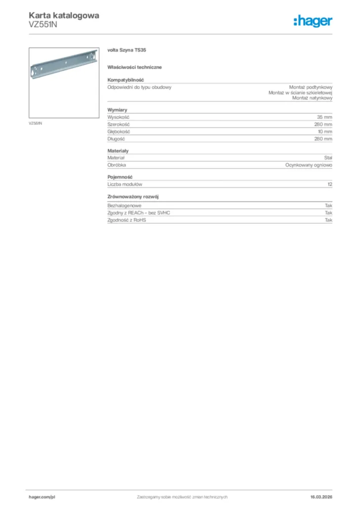 Zdjęcie Hager Karta katalogowa VZ551N | Hager Polska