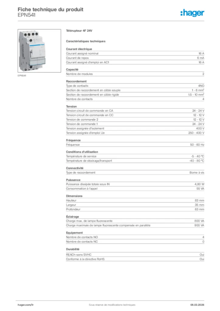 Image Hager Fiche technique du produit EPN541 | Hager France