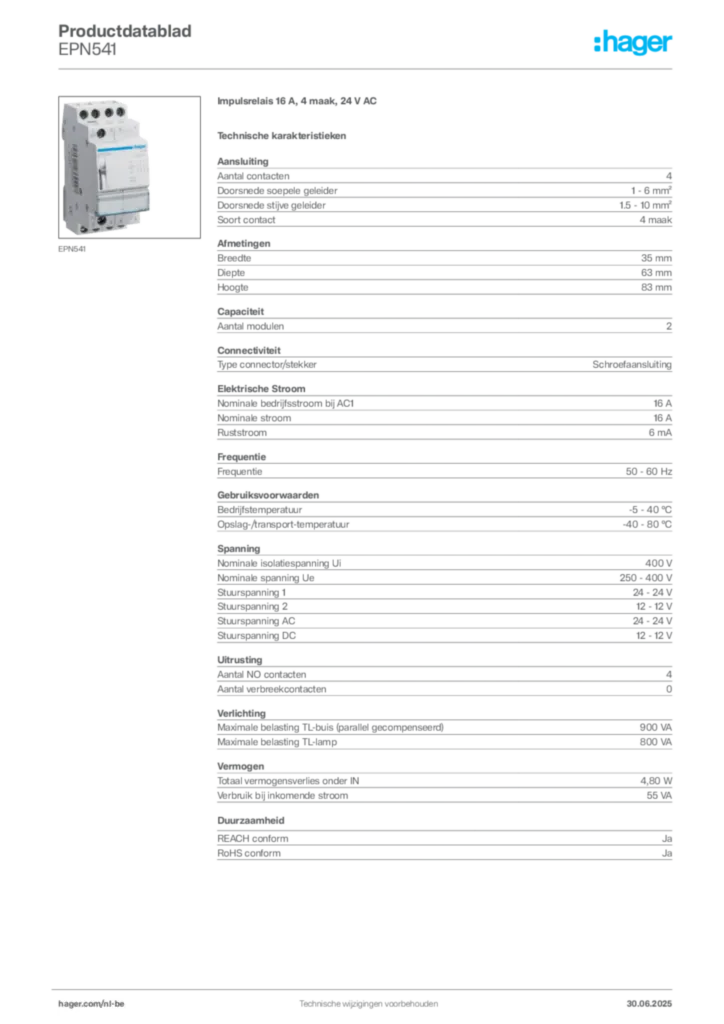 Afbeelding Hager Productdatablad EPN541 | Hager Belgium