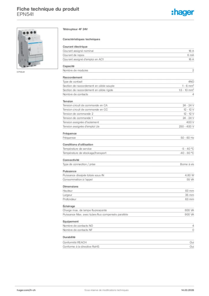 Image Hager Fiche technique du produit EPN541 | Hager Suisse
