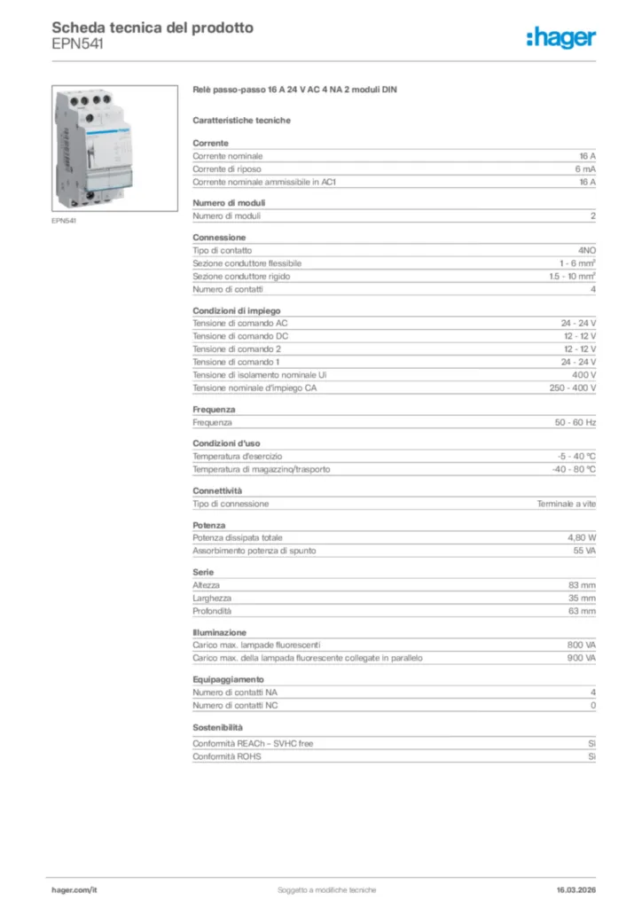 Immagine Hager Scheda tecnica del prodotto EPN541 | Hager Italia
