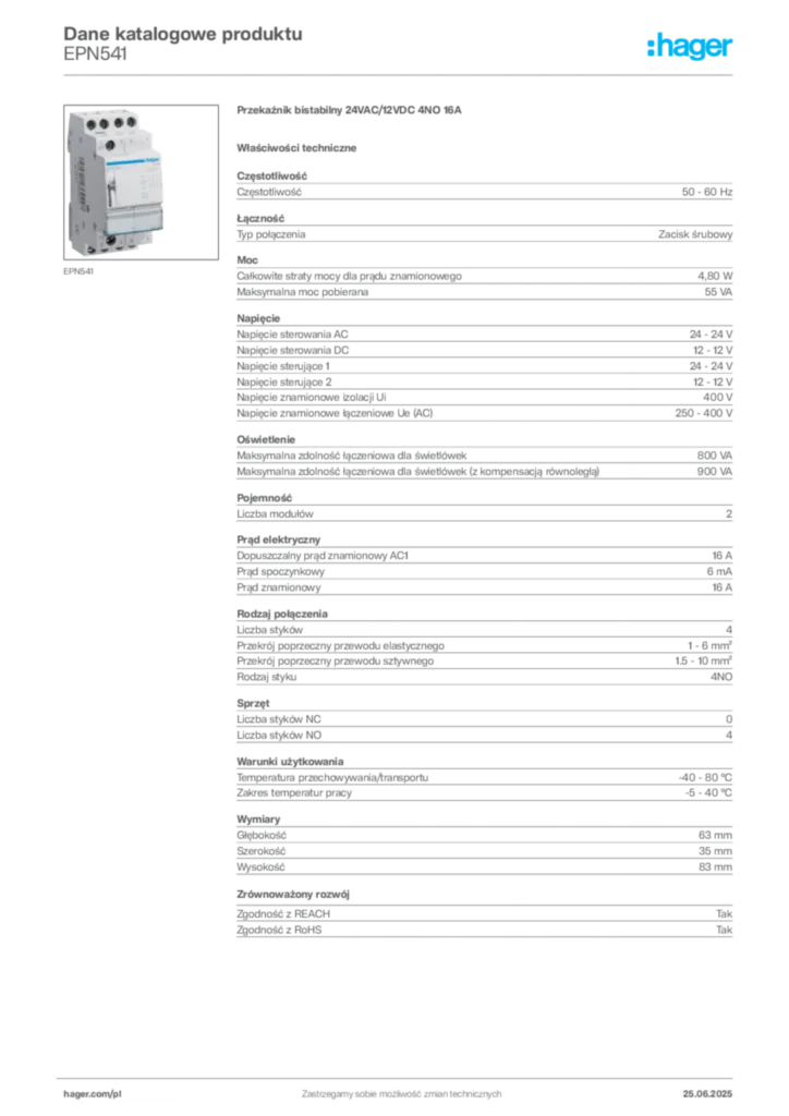 Zdjęcie Hager Karta katalogowa EPN541 | Hager Polska