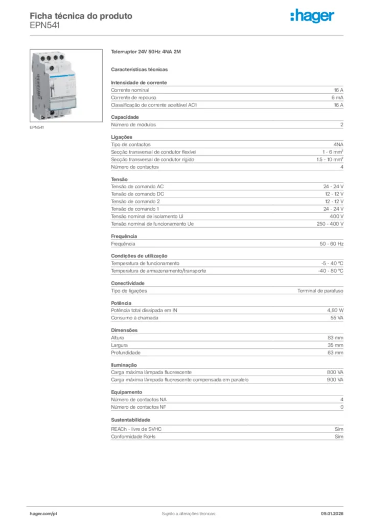 Imagem Hager Ficha técnica do produto EPN541 | Hager Portugal