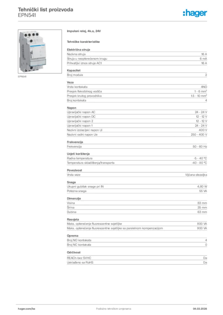 Slika Hager Tehnički list proizvoda EPN541  | Hager