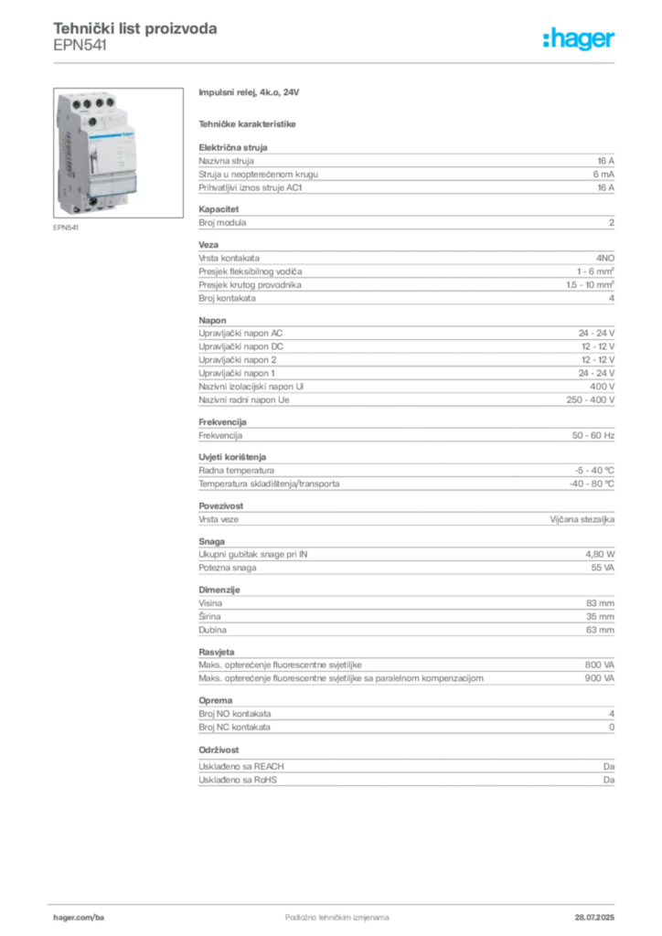 Slika Hager Product data sheet EPN541  | Hager