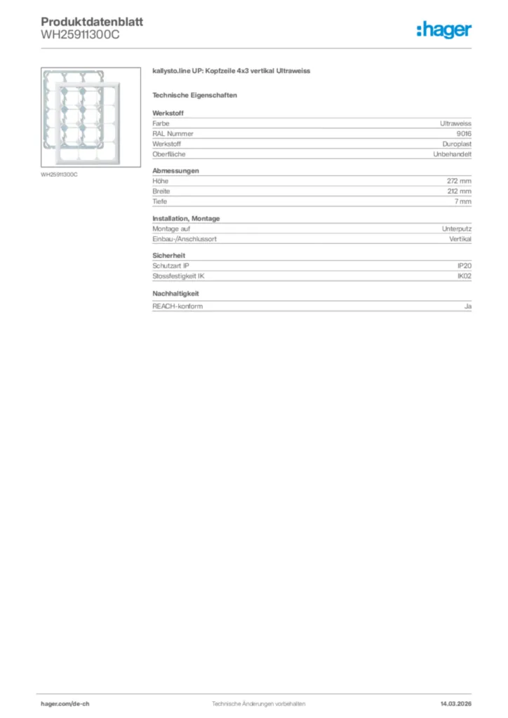 Bild Hager Produktdatenblatt WH25911300C | Hager Schweiz