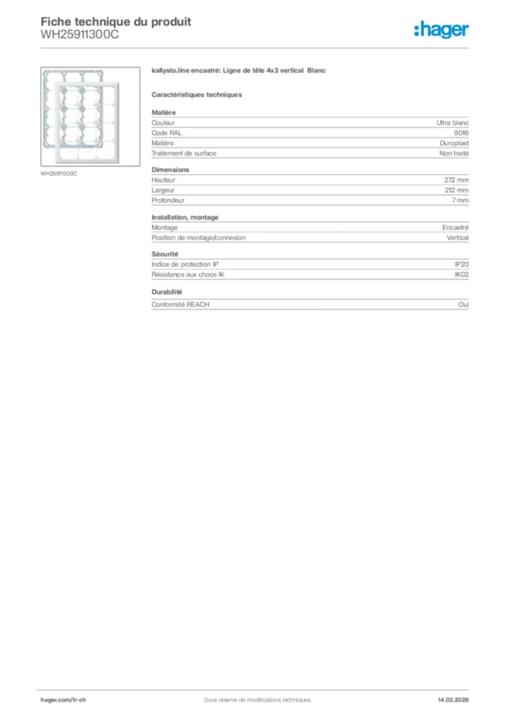 Image Hager Fiche technique du produit WH25911300C | Hager Suisse