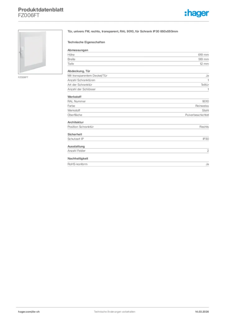 Bild Hager Produktdatenblatt FZ006FT | Hager Schweiz