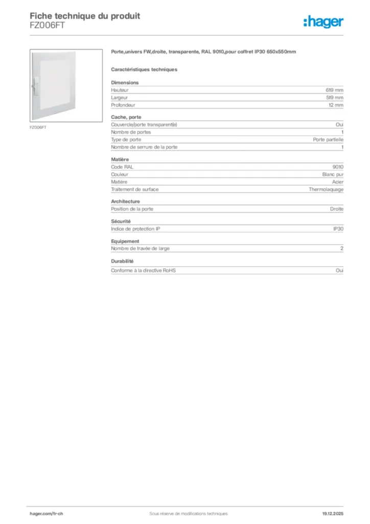 Image Hager Fiche technique du produit FZ006FT | Hager Suisse
