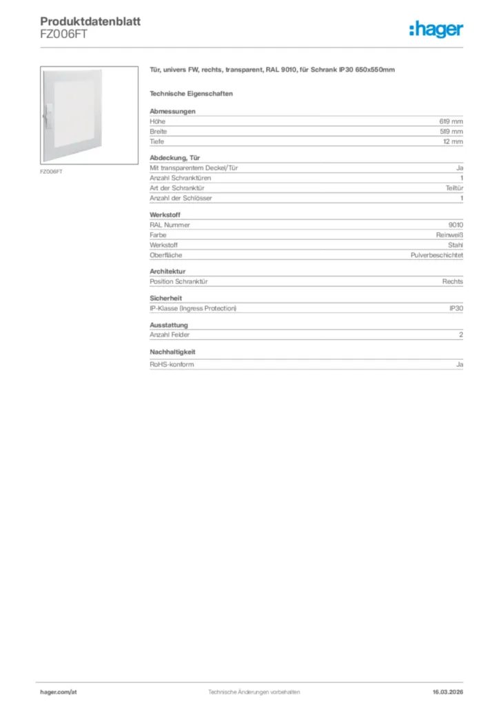 Bild Hager Produktdatenblatt FZ006FT | Hager Deutschland