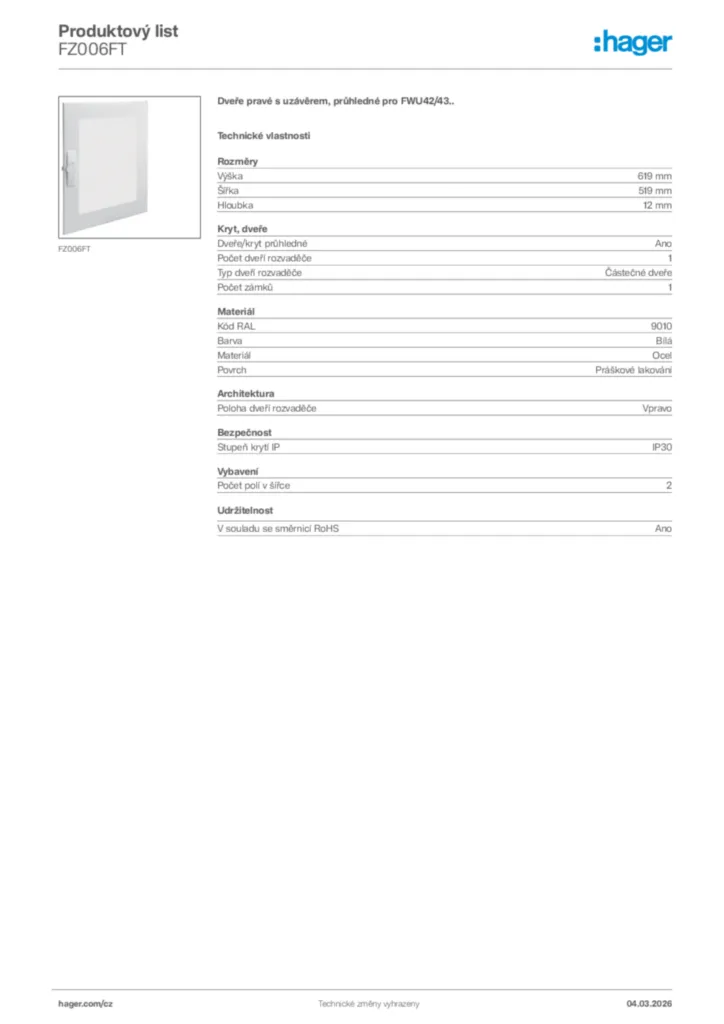 Obrázek Hager Product data sheet FZ006FT | Hager