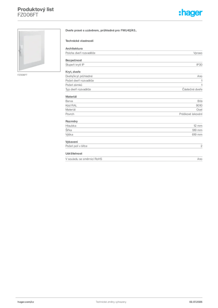 Obrázek Hager Produktový list FZ006FT | Hager