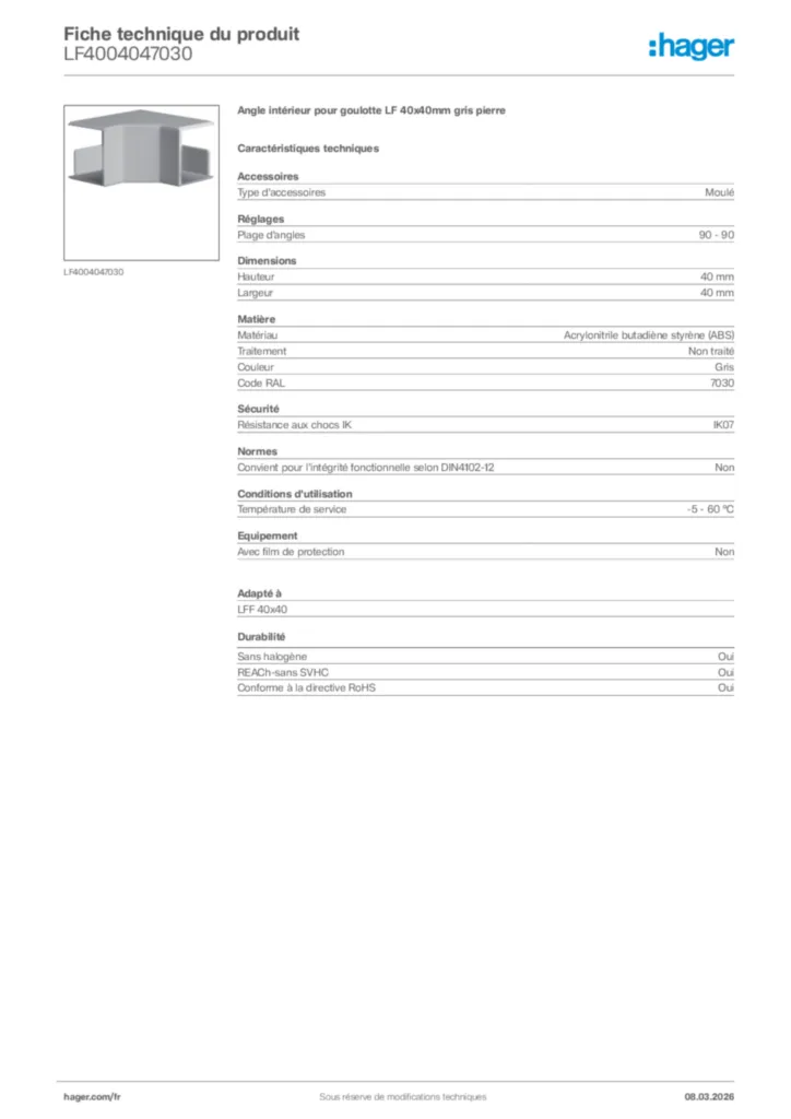 Image Hager Fiche technique du produit LF4004047030 | Hager France