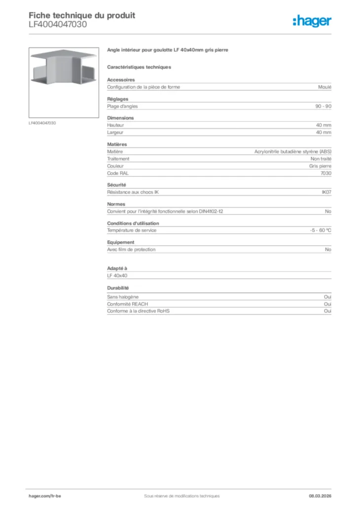 Image Hager Fiche technique du produit LF4004047030 | Hager Belgique
