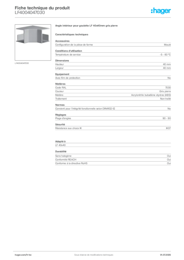Image Hager Fiche technique du produit LF4004047030 | Hager Belgique