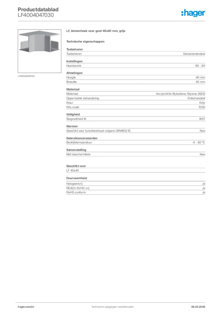 Afbeelding Hager Productdatablad LF4004047030 | Hager Nederland