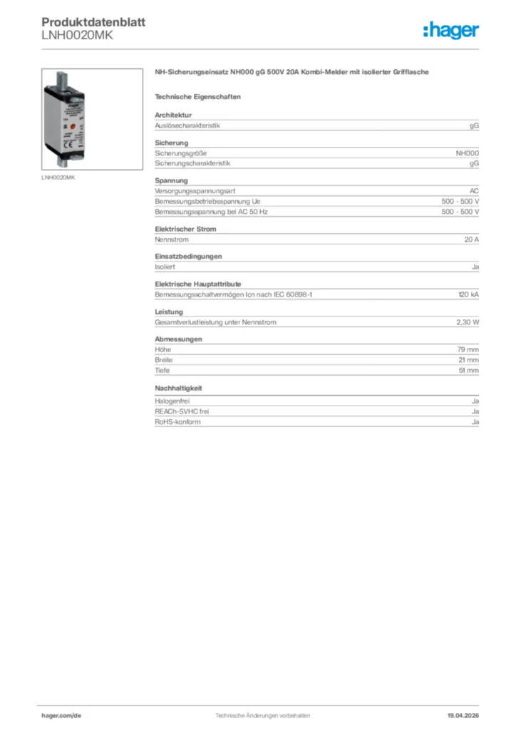 Bild Hager Produktdatenblatt LNH0020MK | Hager Deutschland