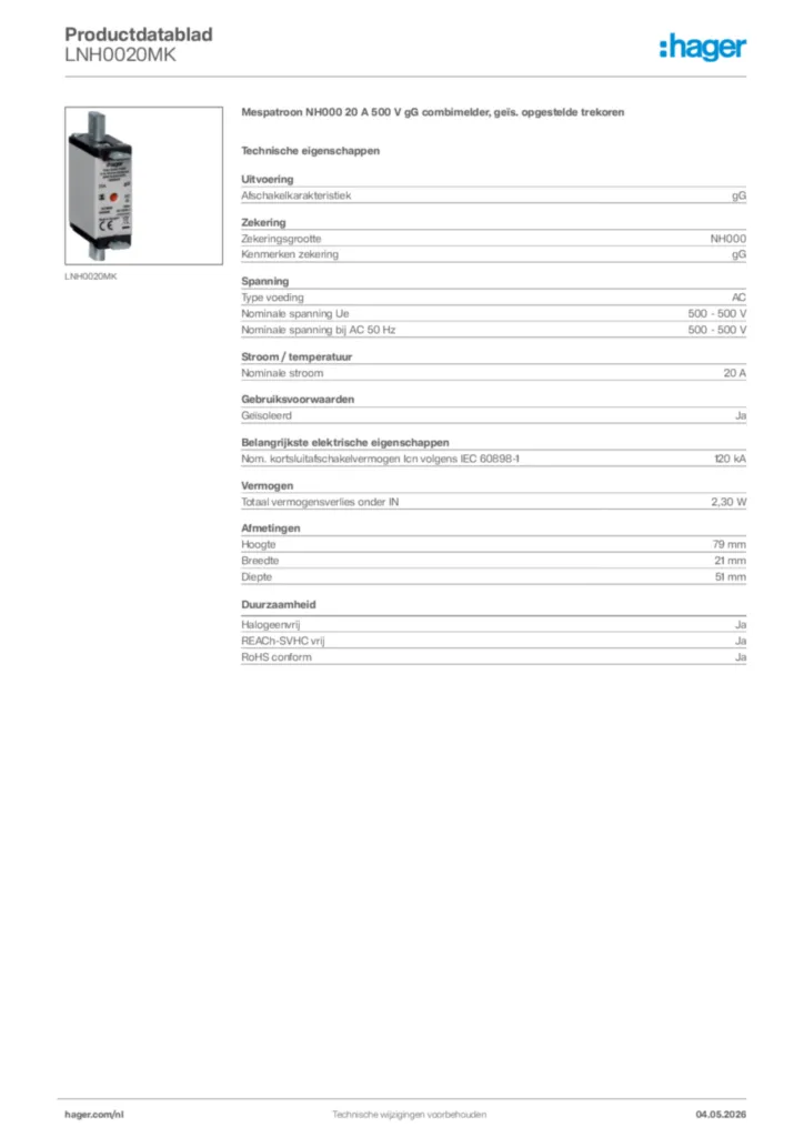 Afbeelding Hager Productdatablad LNH0020MK | Hager Nederland