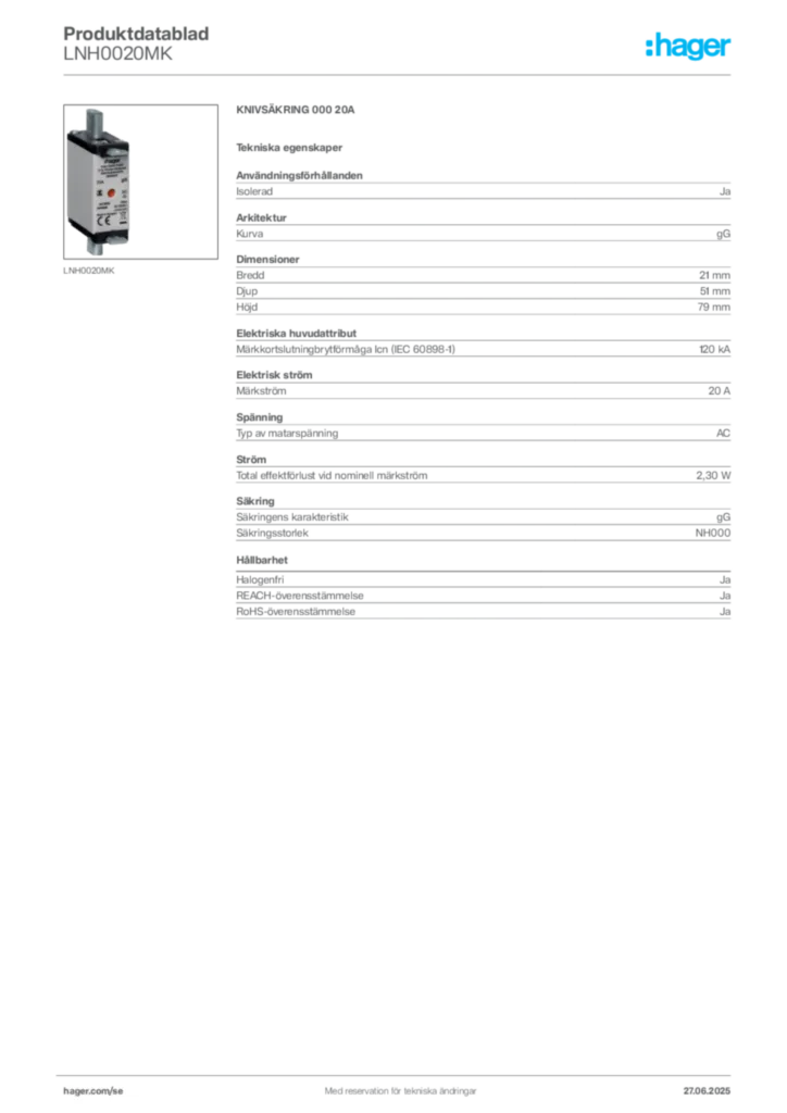 Bild Hager Produktdatablad LNH0020MK | Hager Sverige
