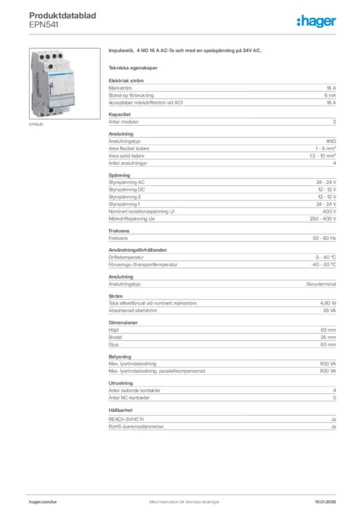 Bild Hager Produktdatablad EPN541 | Hager Sverige