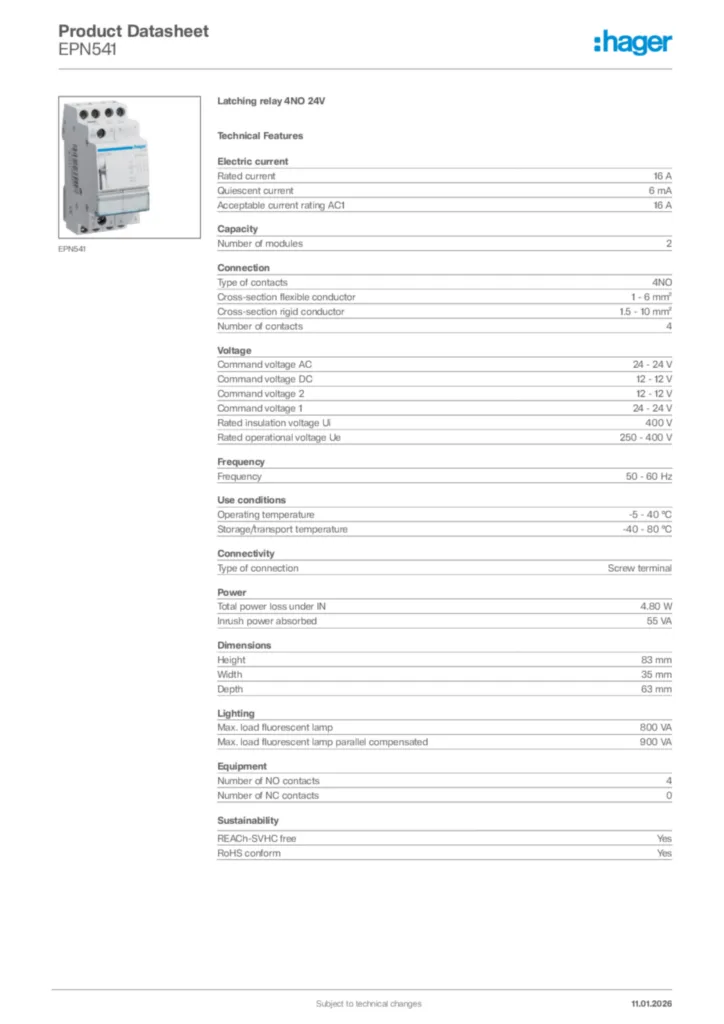 Image Hager Product data sheet EPN541  | Hager