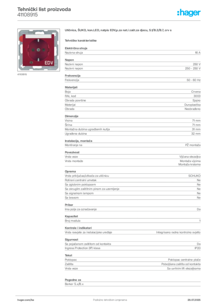 Slika Hager Product data sheet 41108915  | Hager