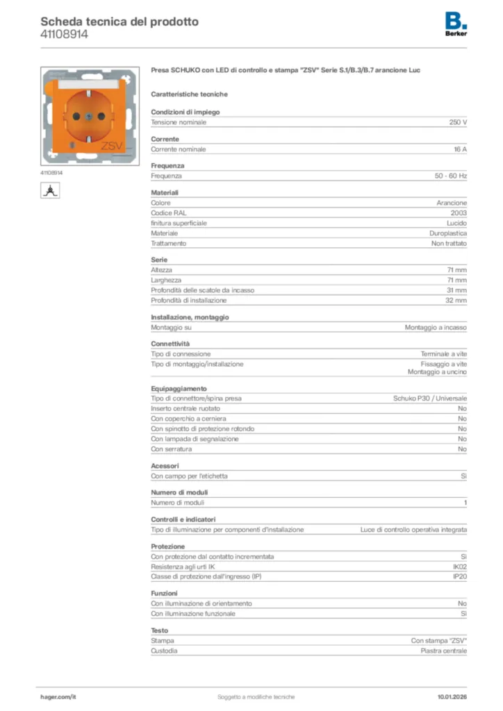 Immagine Berker Scheda tecnica del prodotto 41108914 | Hager Italia