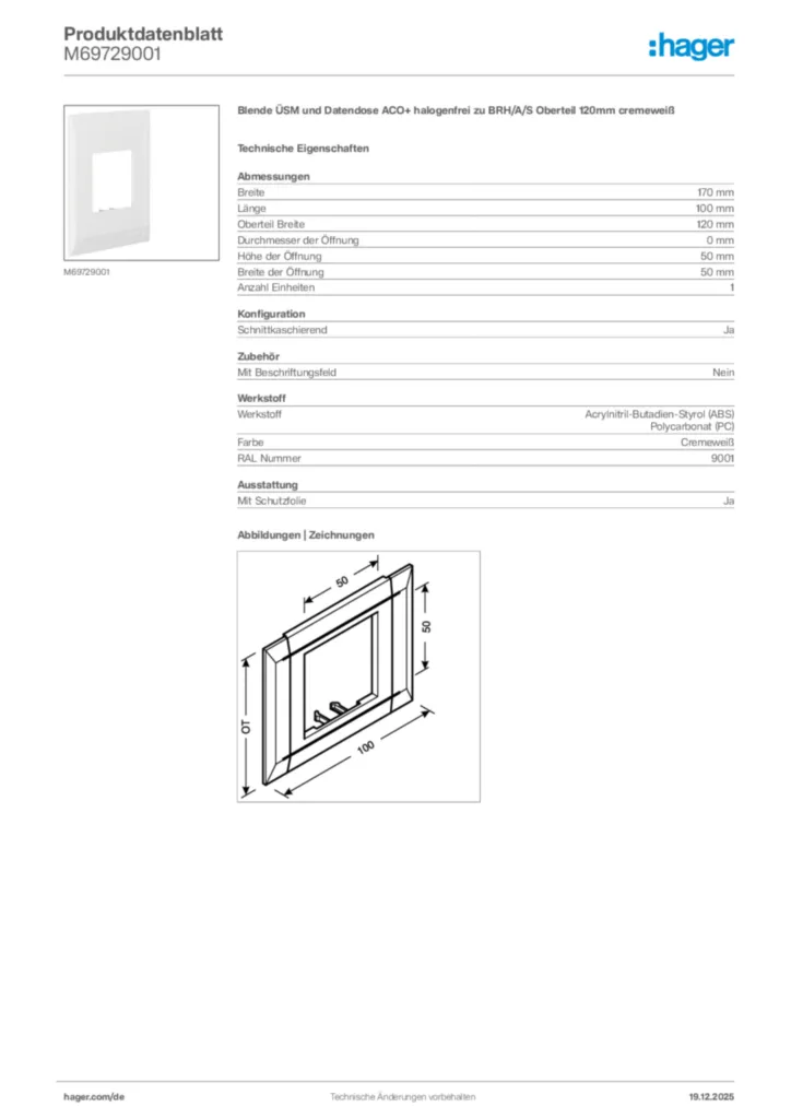 Bild Hager Produktdatenblatt M69729001 | Hager Deutschland