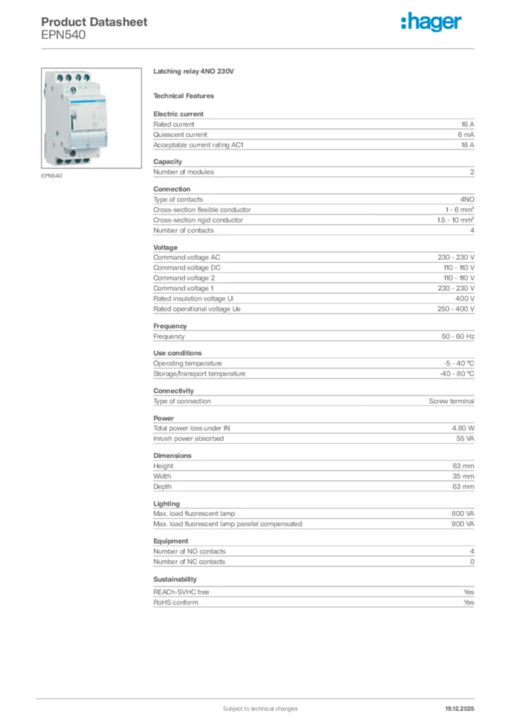 Image Hager Product data sheet EPN540  | Hager Africa