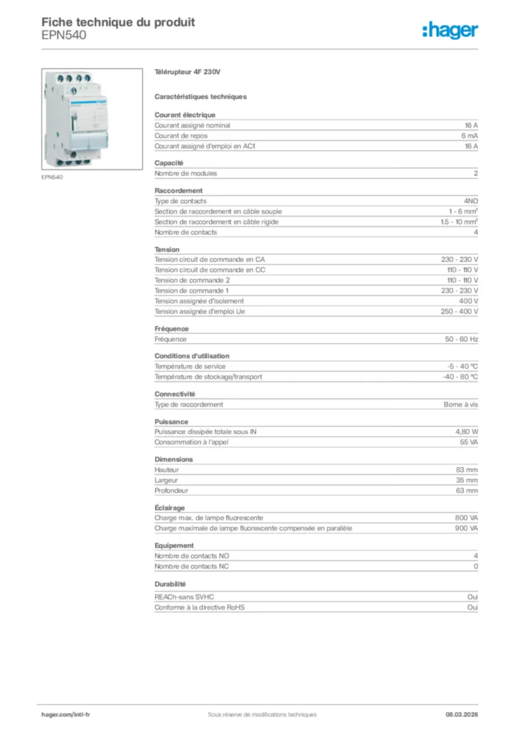 Image Hager Fiche technique du produit EPN540 | Hager Afrique