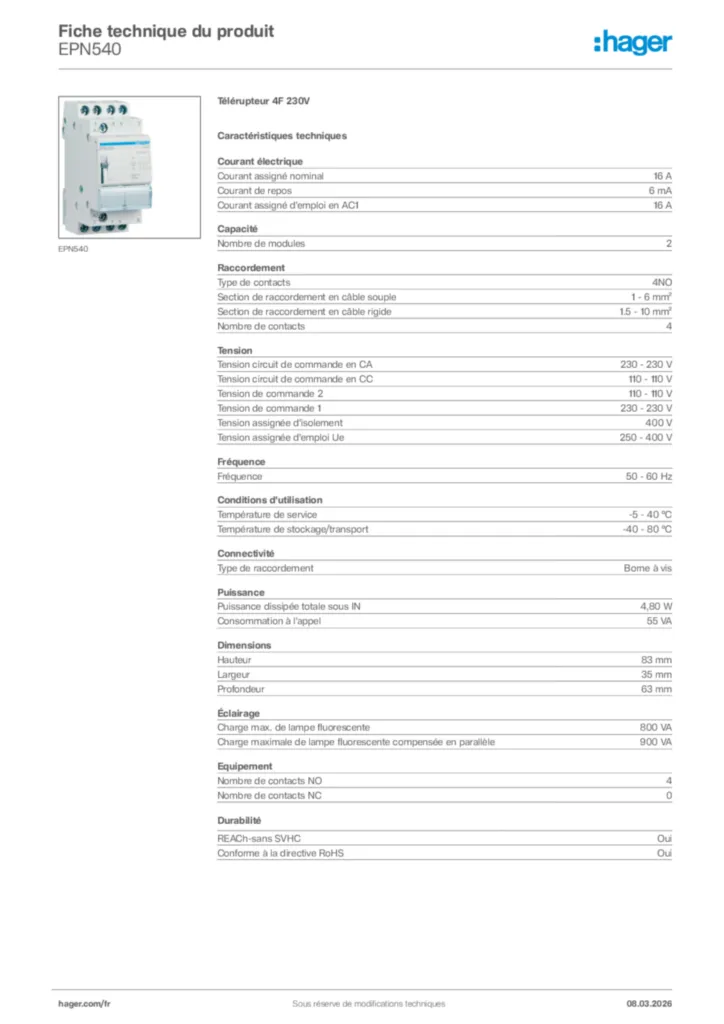 Image Hager Fiche technique du produit EPN540 | Hager France