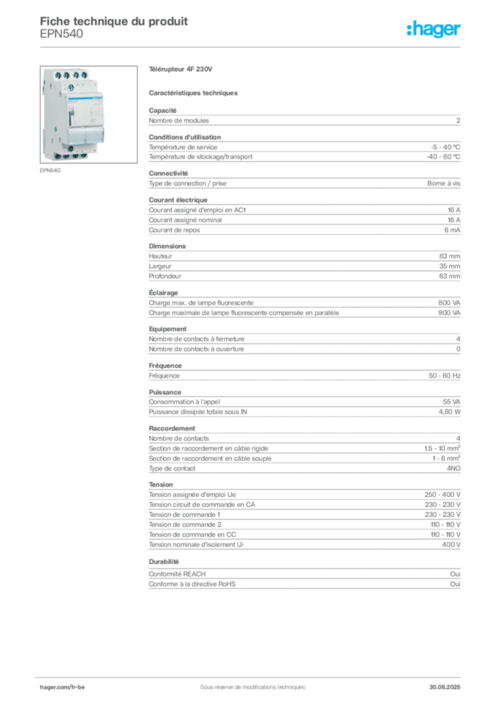 Image Hager Fiche technique du produit EPN540 | Hager Belgique