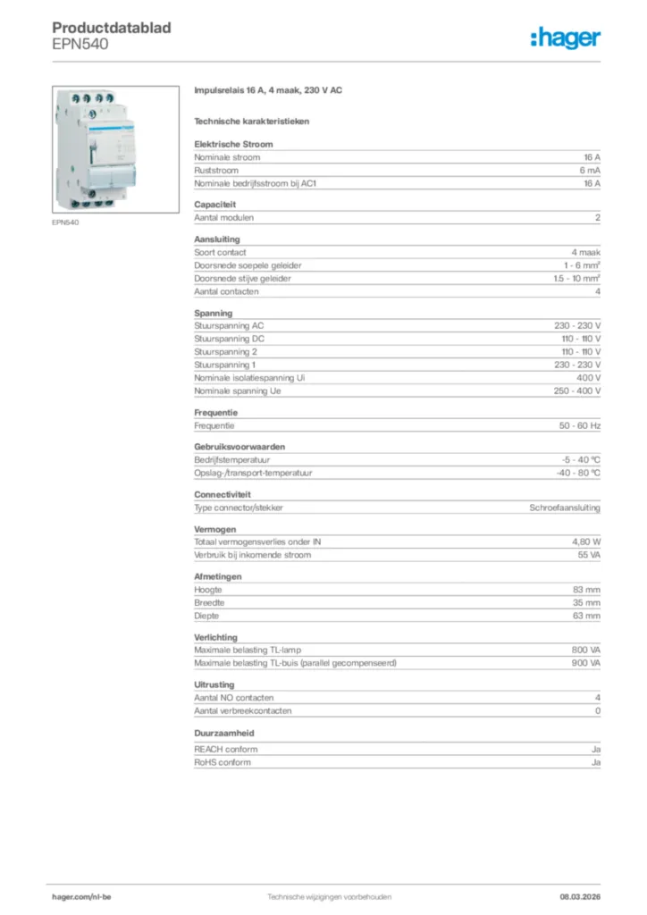 Afbeelding Hager Productdatablad EPN540 | Hager Belgium