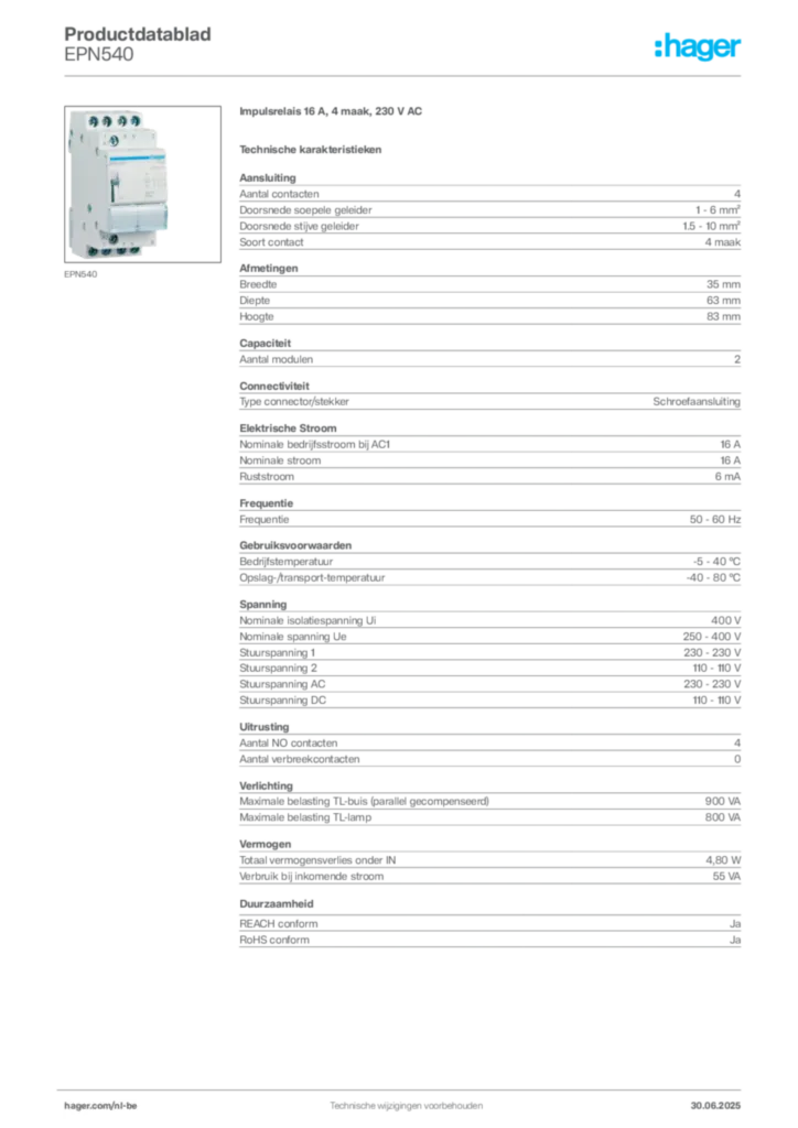 Afbeelding Hager Productdatablad EPN540 | Hager Belgium