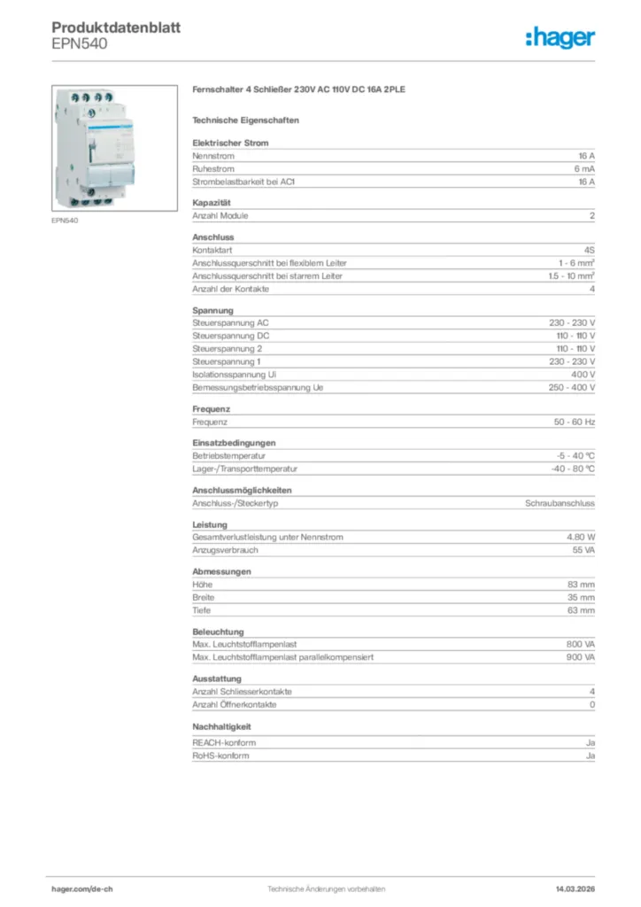 Bild Hager Produktdatenblatt EPN540 | Hager Schweiz