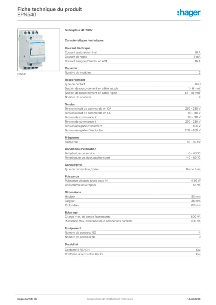 Image Hager Fiche technique du produit EPN540 | Hager Suisse