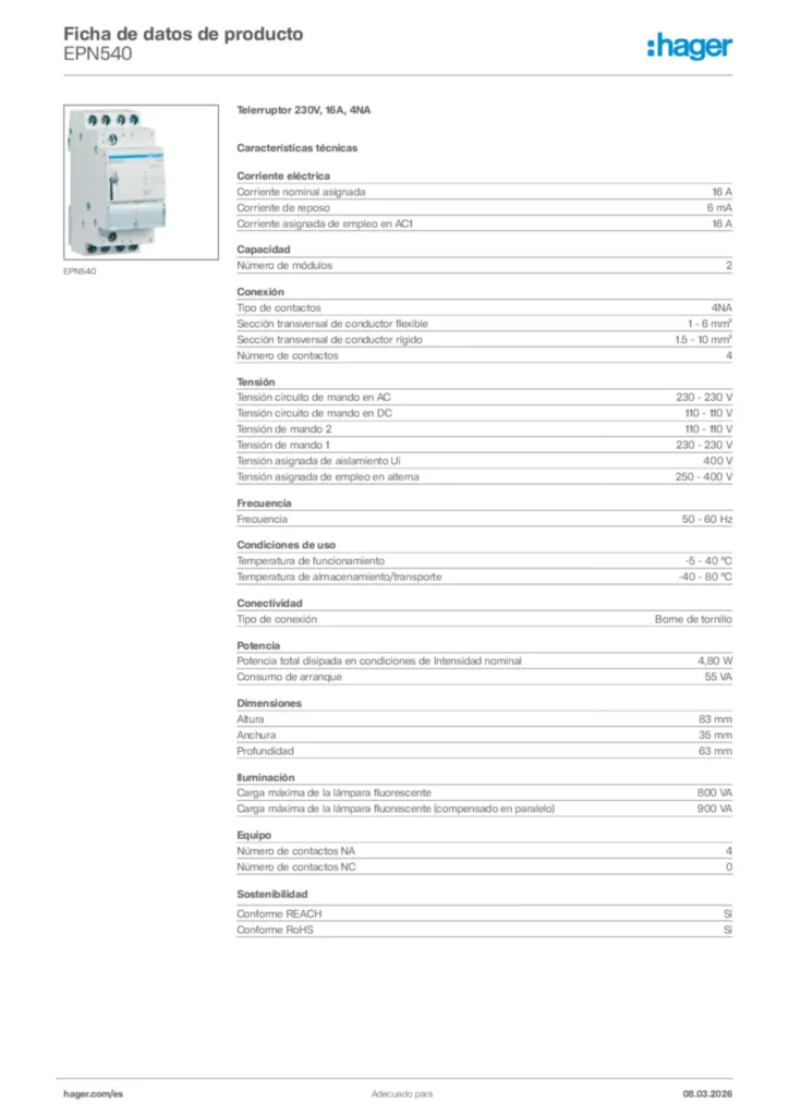 Imagen Hager Ficha de datos de producto EPN540 | Hager España