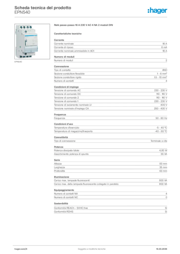 Immagine Hager Scheda tecnica del prodotto EPN540 | Hager Italia