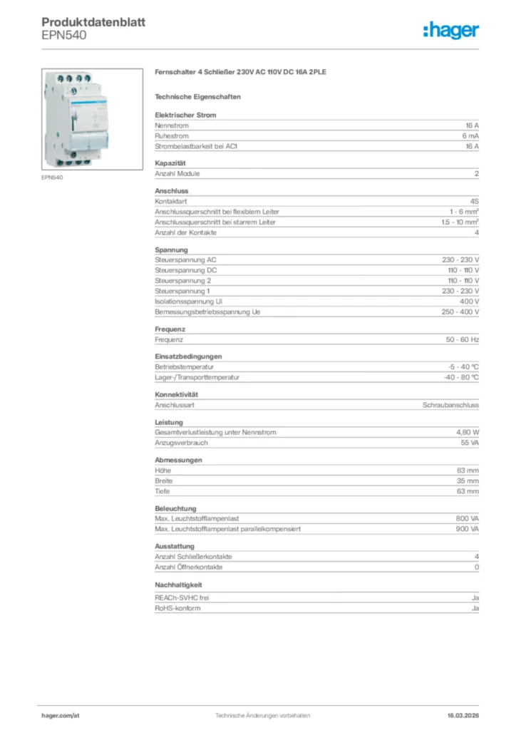 Bild Hager Produktdatenblatt EPN540 | Hager Deutschland