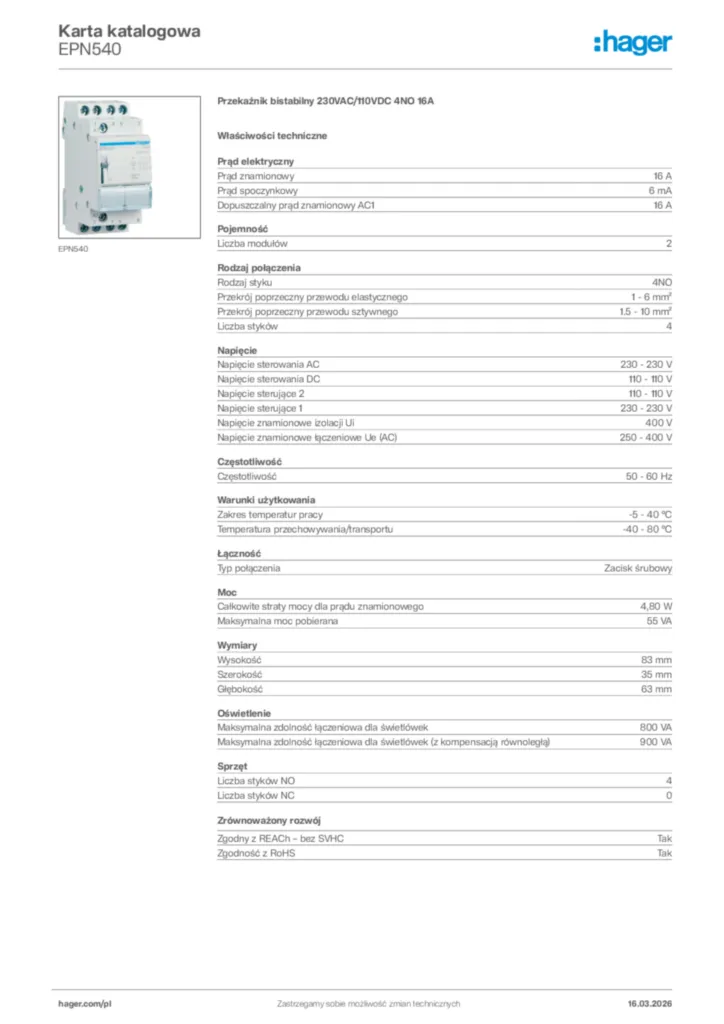 Zdjęcie Hager Karta katalogowa EPN540 | Hager Polska