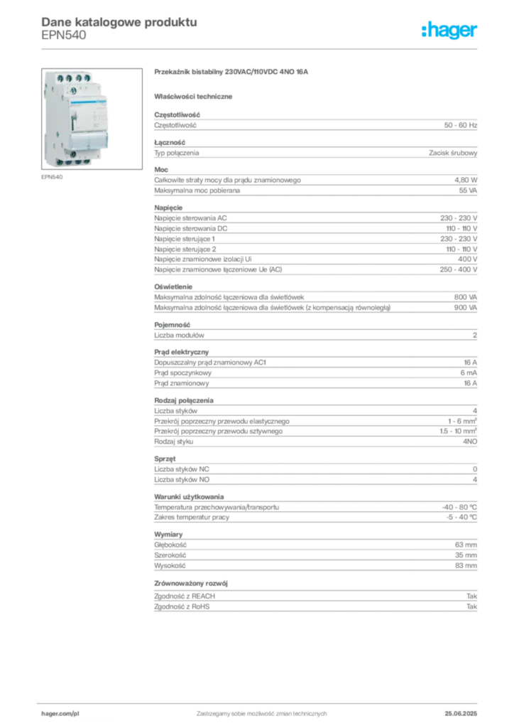 Zdjęcie Hager Karta katalogowa EPN540 | Hager Polska