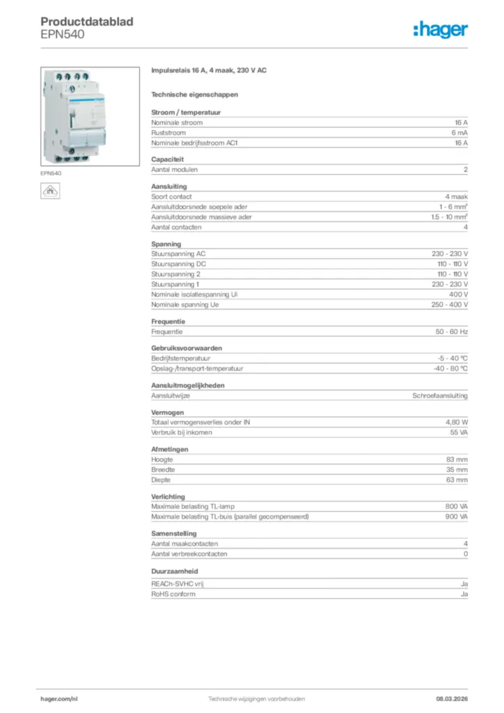 Afbeelding Hager Productdatablad EPN540 | Hager Nederland