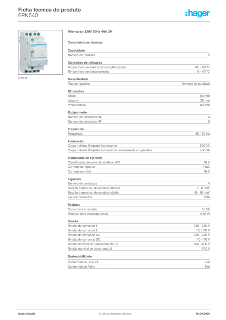 Imagem Hager Ficha técnica do produto EPN540 | Hager Portugal