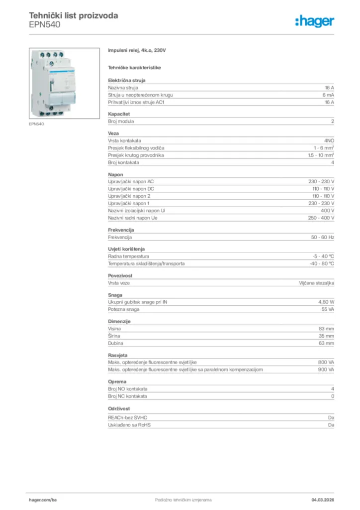 Slika Hager Tehnički list proizvoda EPN540  | Hager