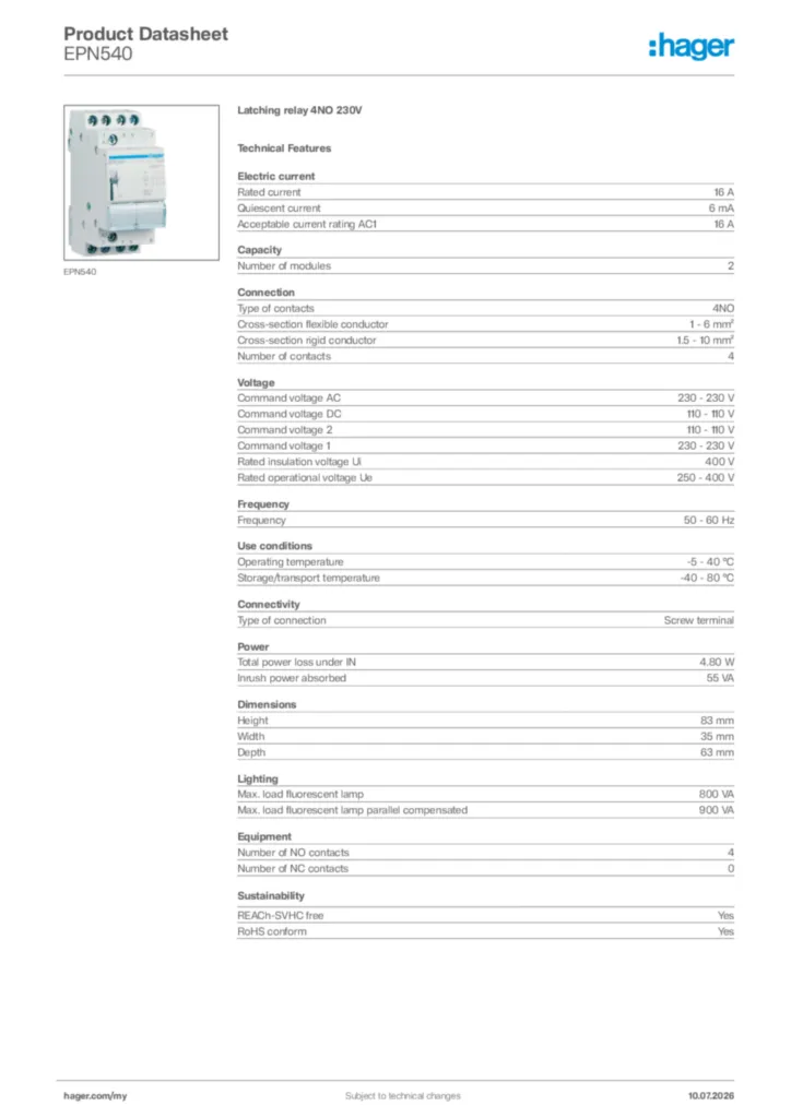 Image Hager Product data sheet EPN540  | Hager