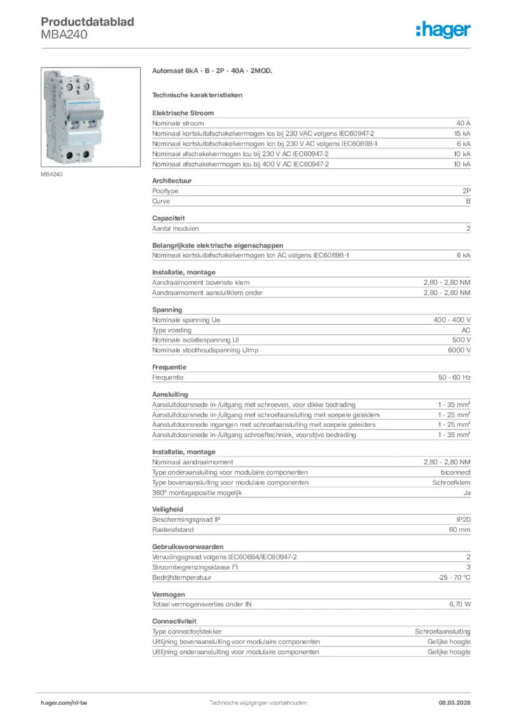 Afbeelding Hager Productdatablad MBA240 | Hager Belgium
