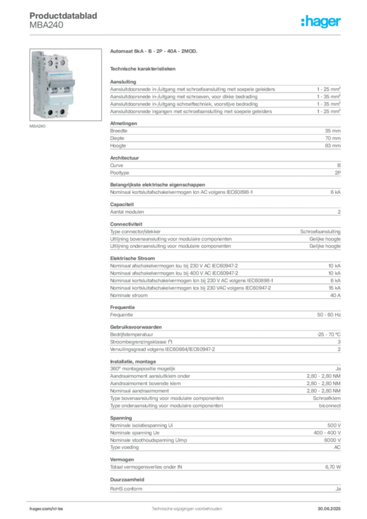 Afbeelding Hager Productdatablad MBA240 | Hager Belgium