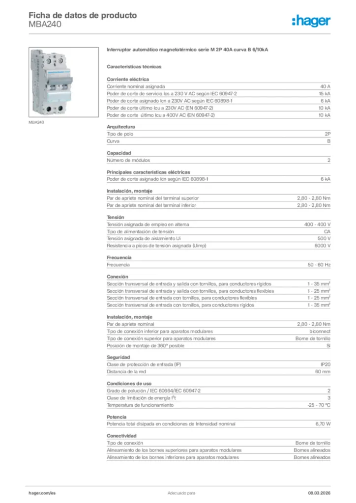 Imagen Hager Ficha de datos de producto MBA240 | Hager España