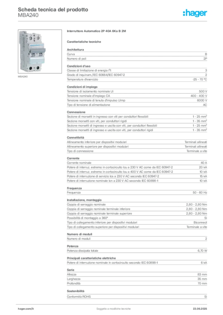 Immagine Hager Scheda tecnica del prodotto MBA240 | Hager Italia